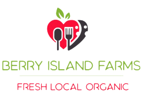 Logo of Berry Island Farms featuring a stylized apple with cutlery, emphasizing fresh, local, and organic produce.
